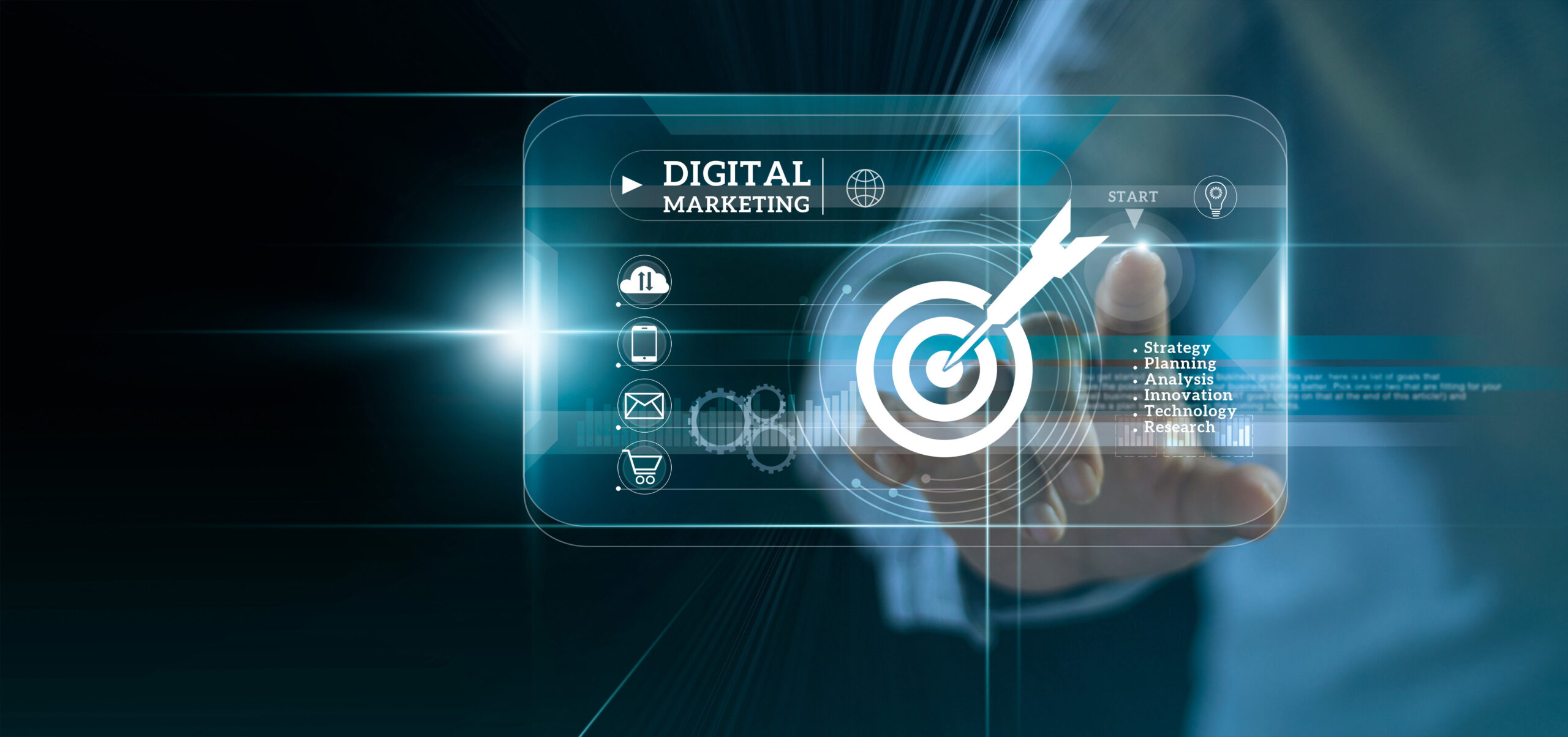 Digital marketing. Businessman touching start button on modern i